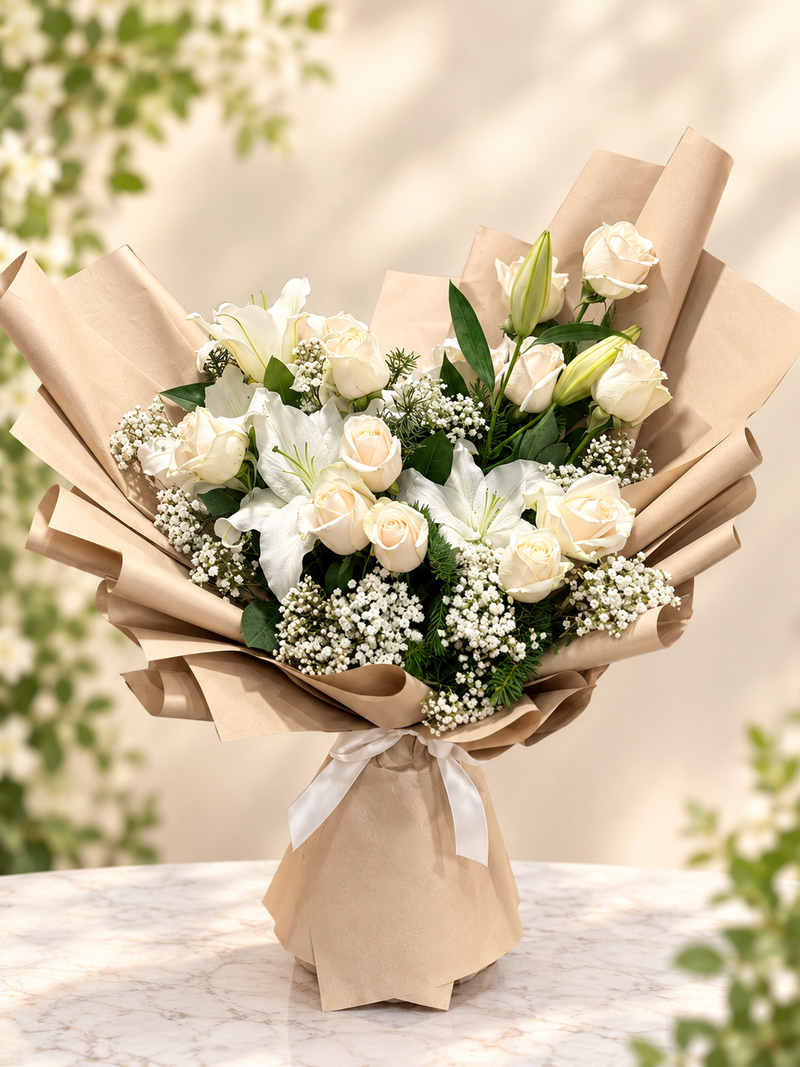 Ivory roses and lilies in kraft wrapping