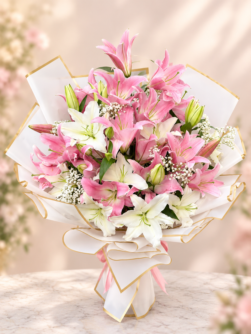 Pink and white lily bouquet
