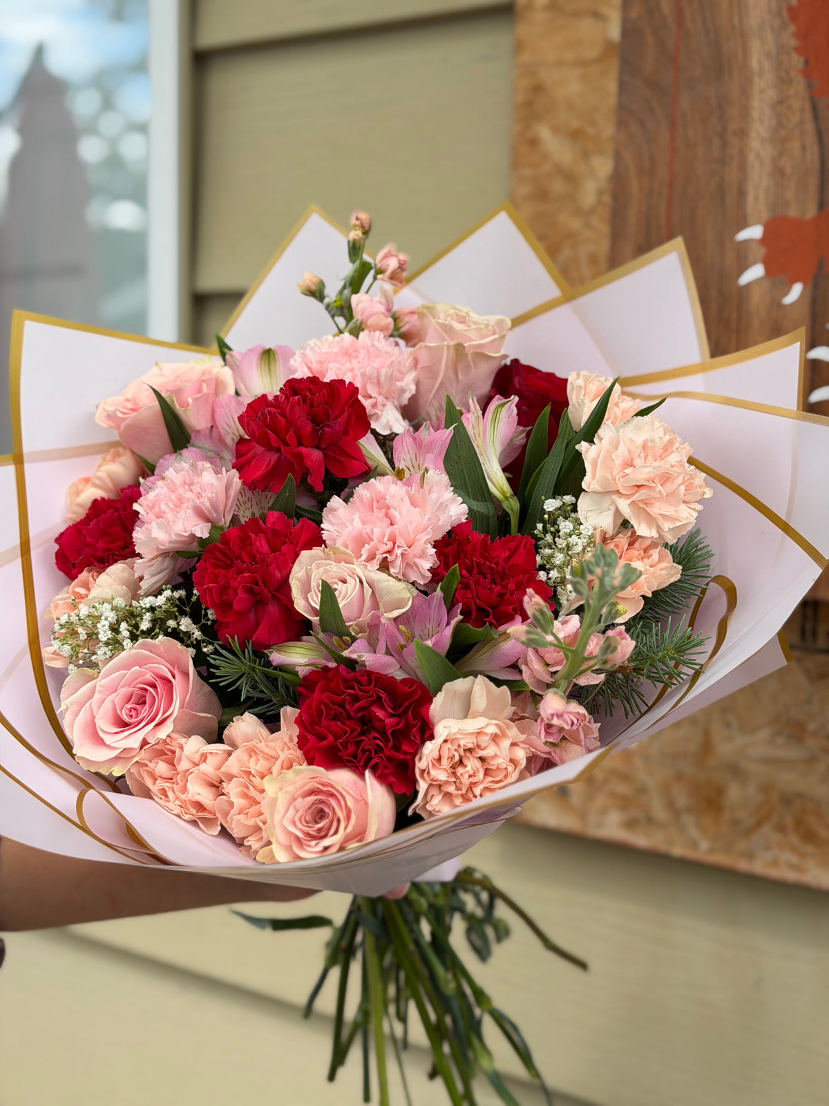 Blush & Crimson — handcrafted flower bouquet