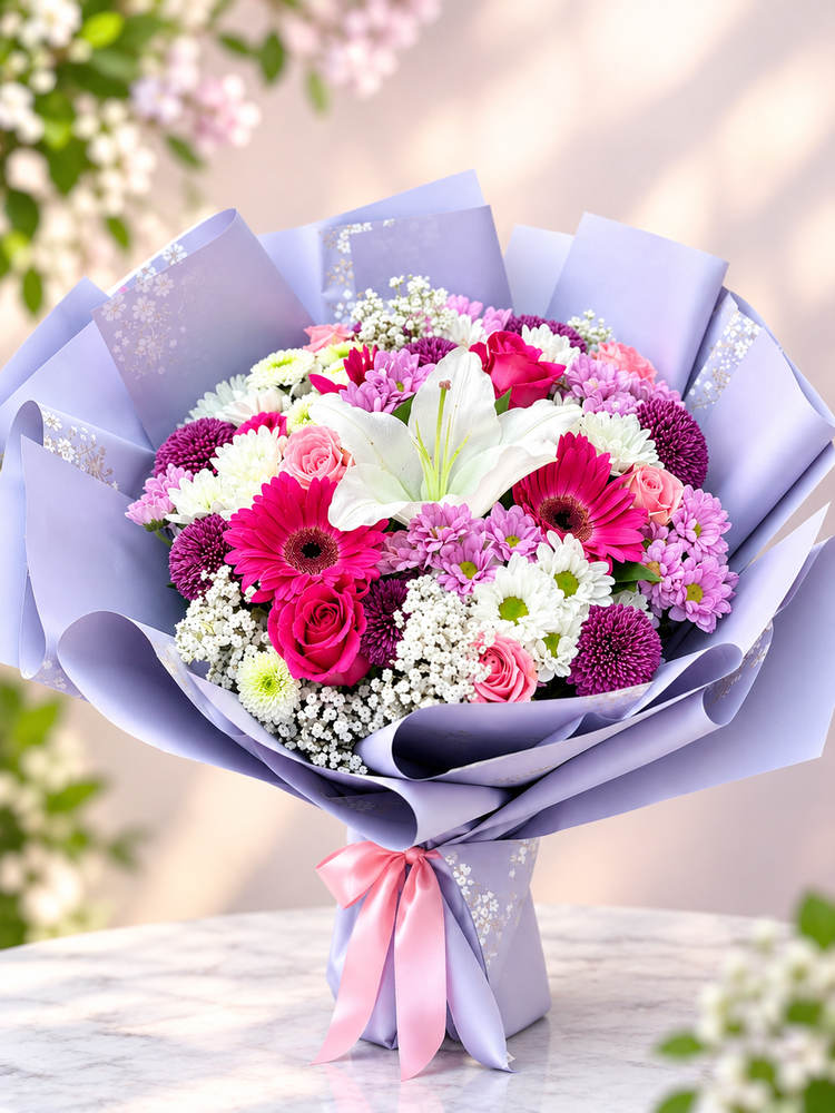 Pastel mixed bouquet in lavender wrapping