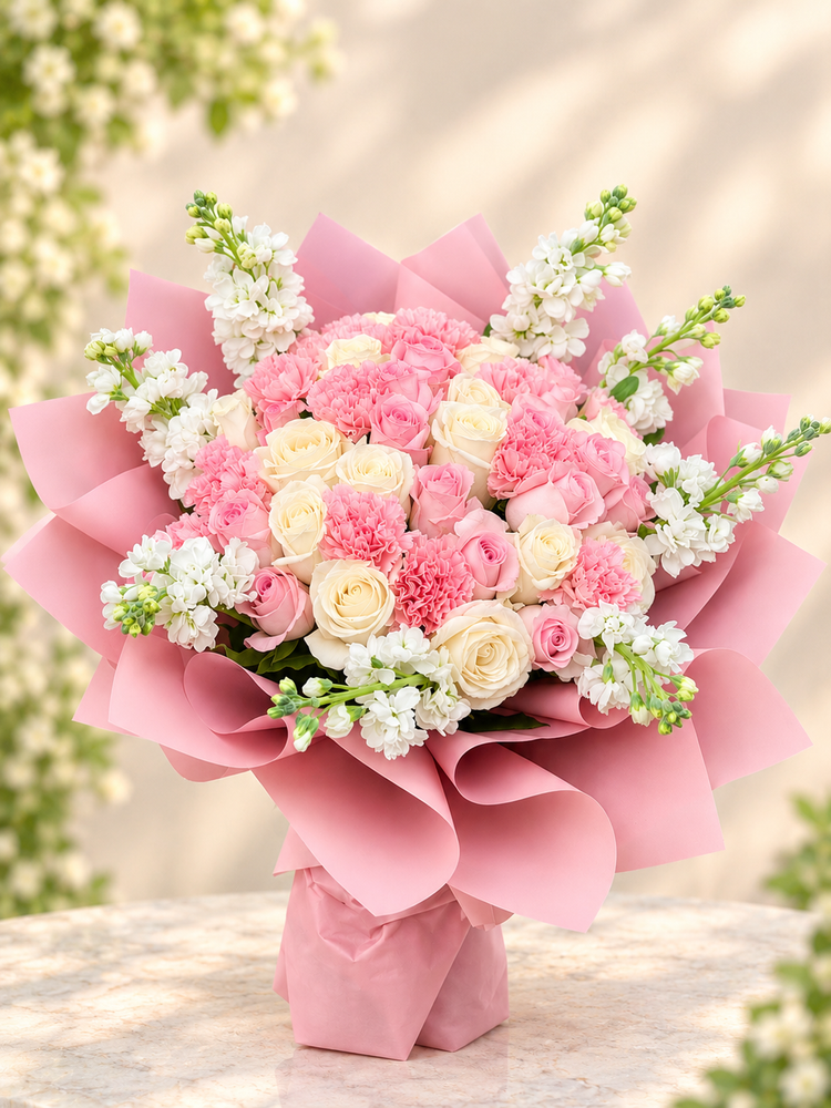 Pink and white mixed bouquet in blush wrapping