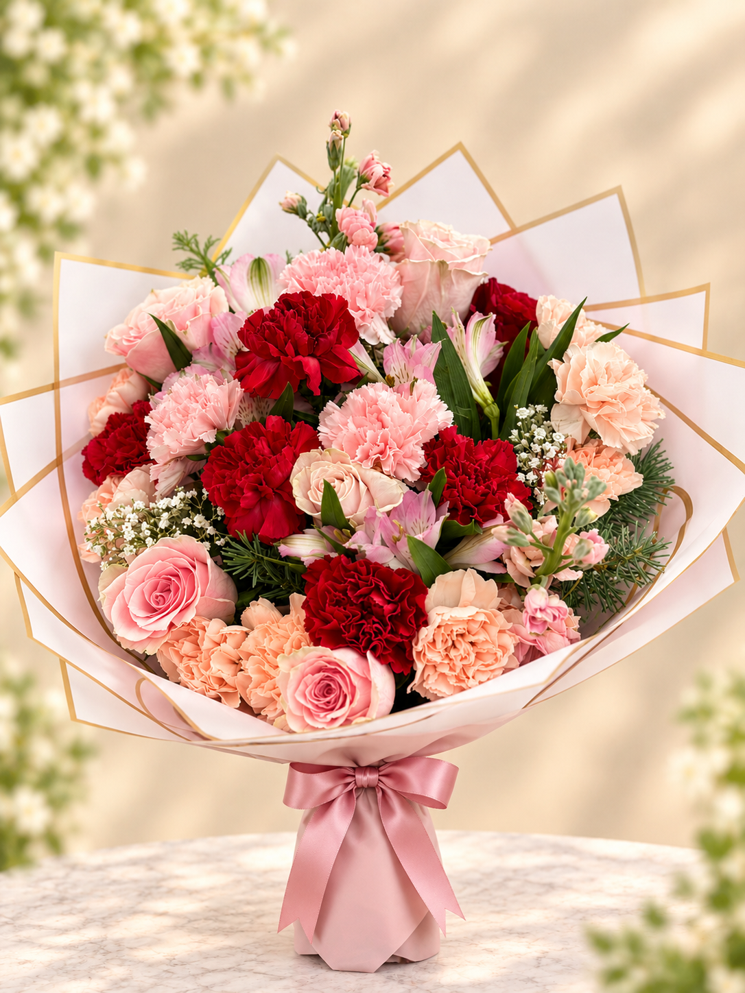 Blush and crimson mixed flower bouquet