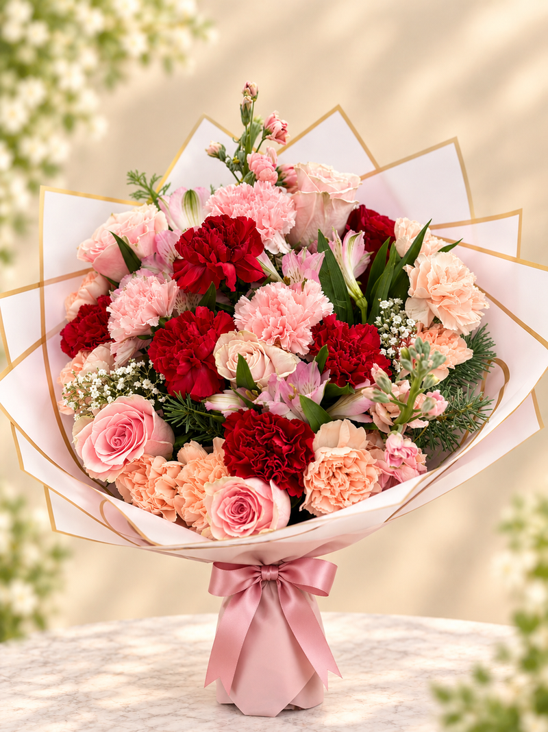 Blush and crimson mixed flower bouquet