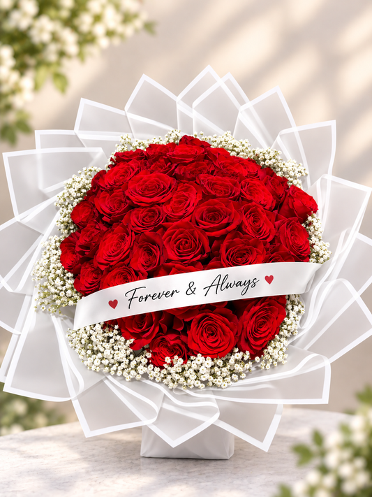 Red rose bouquet with Forever and Always ribbon