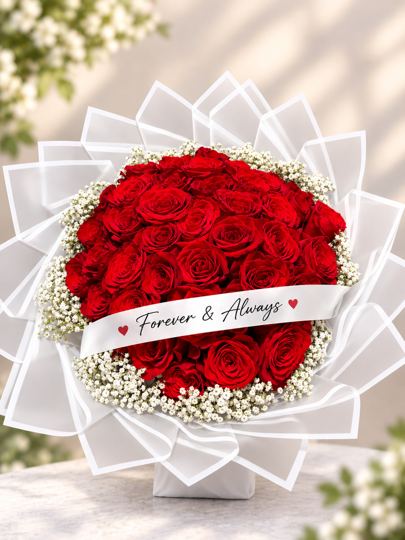 Red rose bouquet with Forever and Always ribbon