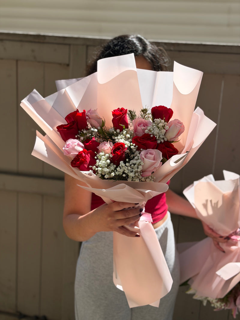 Red & Ivory Roses — handcrafted flower bouquet