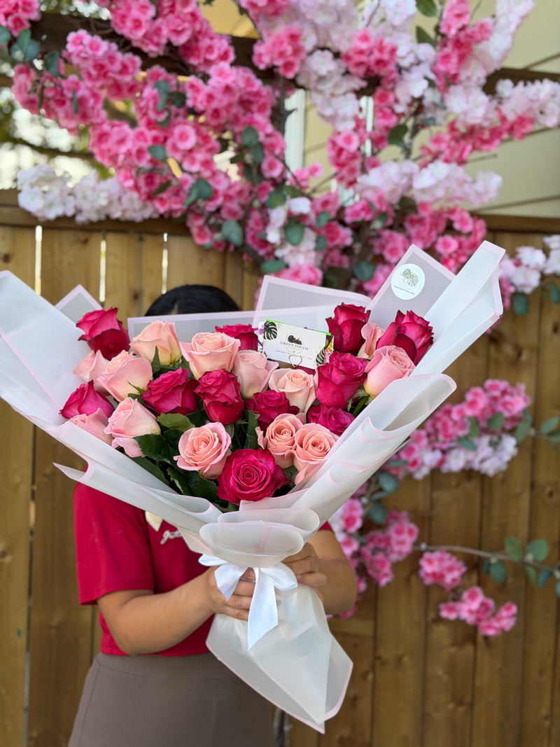 Peach & Pink Roses — handcrafted flower bouquet