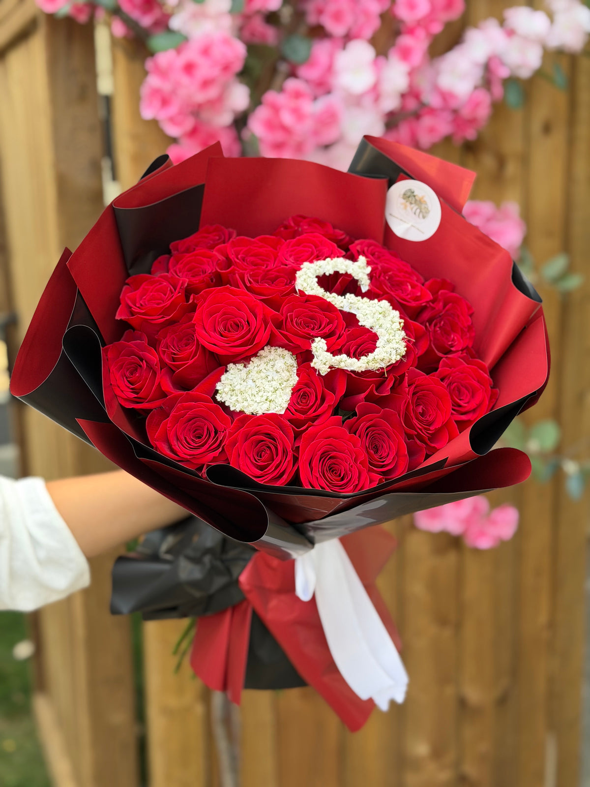 Personalised Crimson Roses — handcrafted flower bouquet