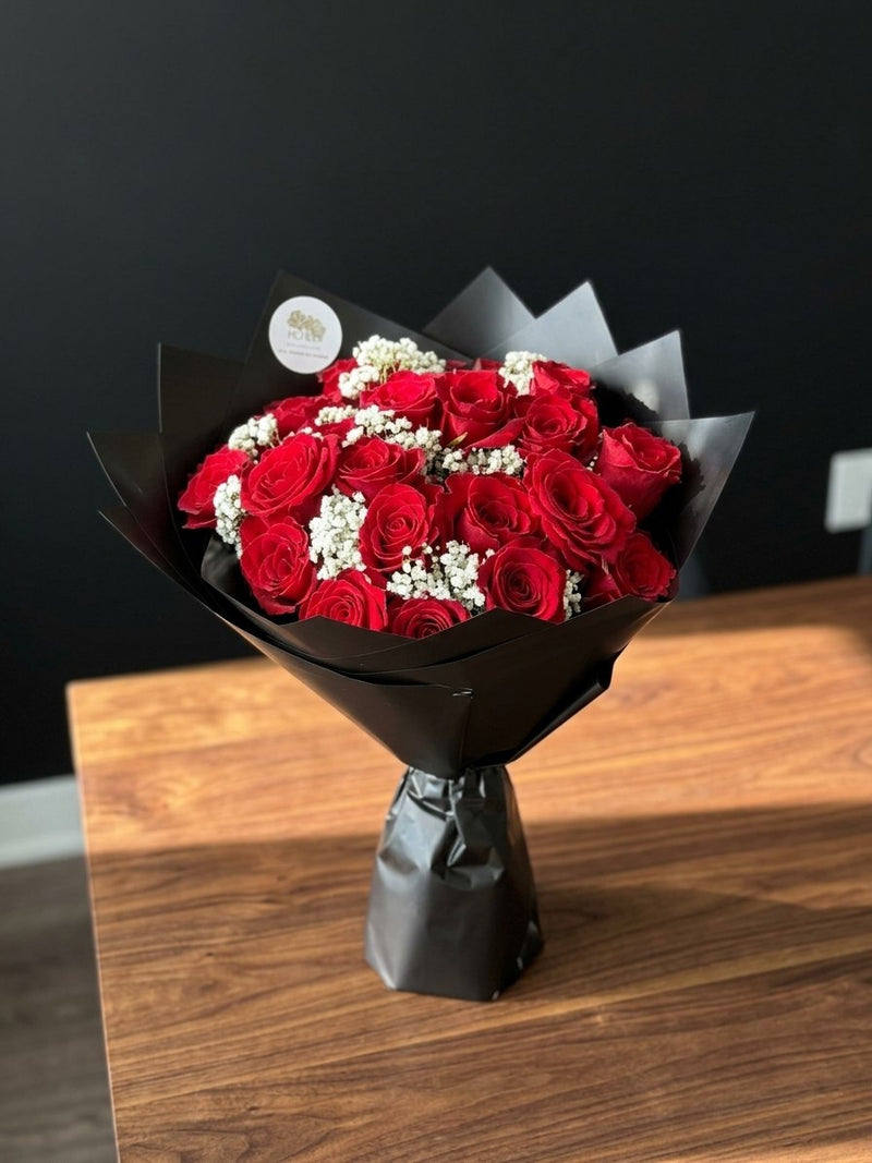 Crimson & Ivory Rose Bouquet — handcrafted flower bouquet