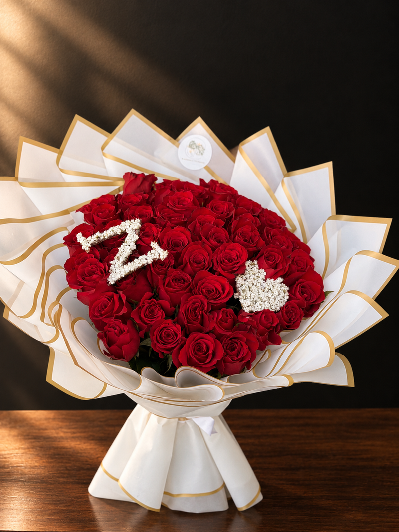 Crimson Rose Bouquet with White Heart