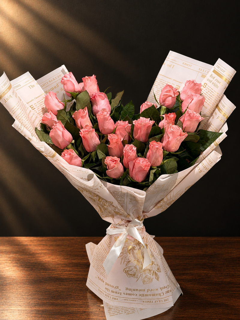 Romantic Pink Rose Bouquet on Vintage Paper