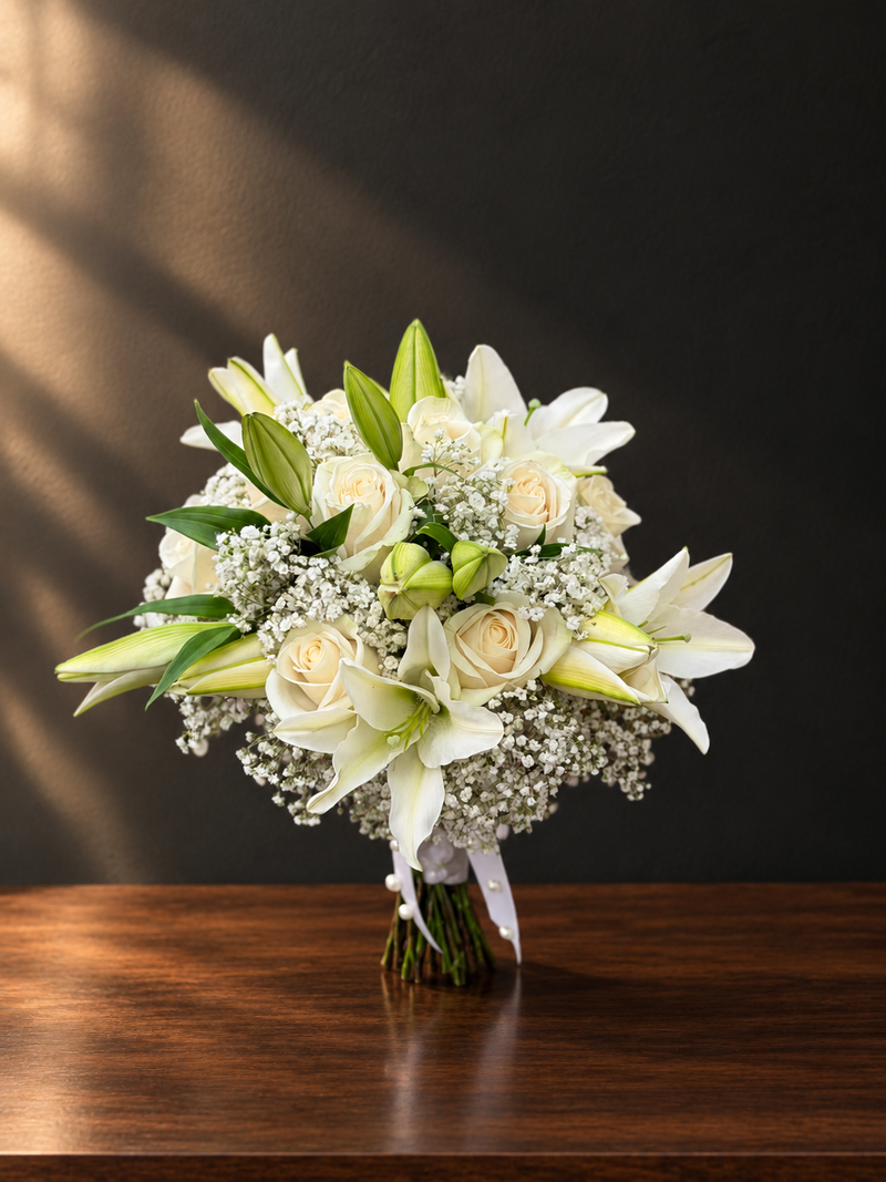 Elegant White Lily and Rose Bridal Bouquet