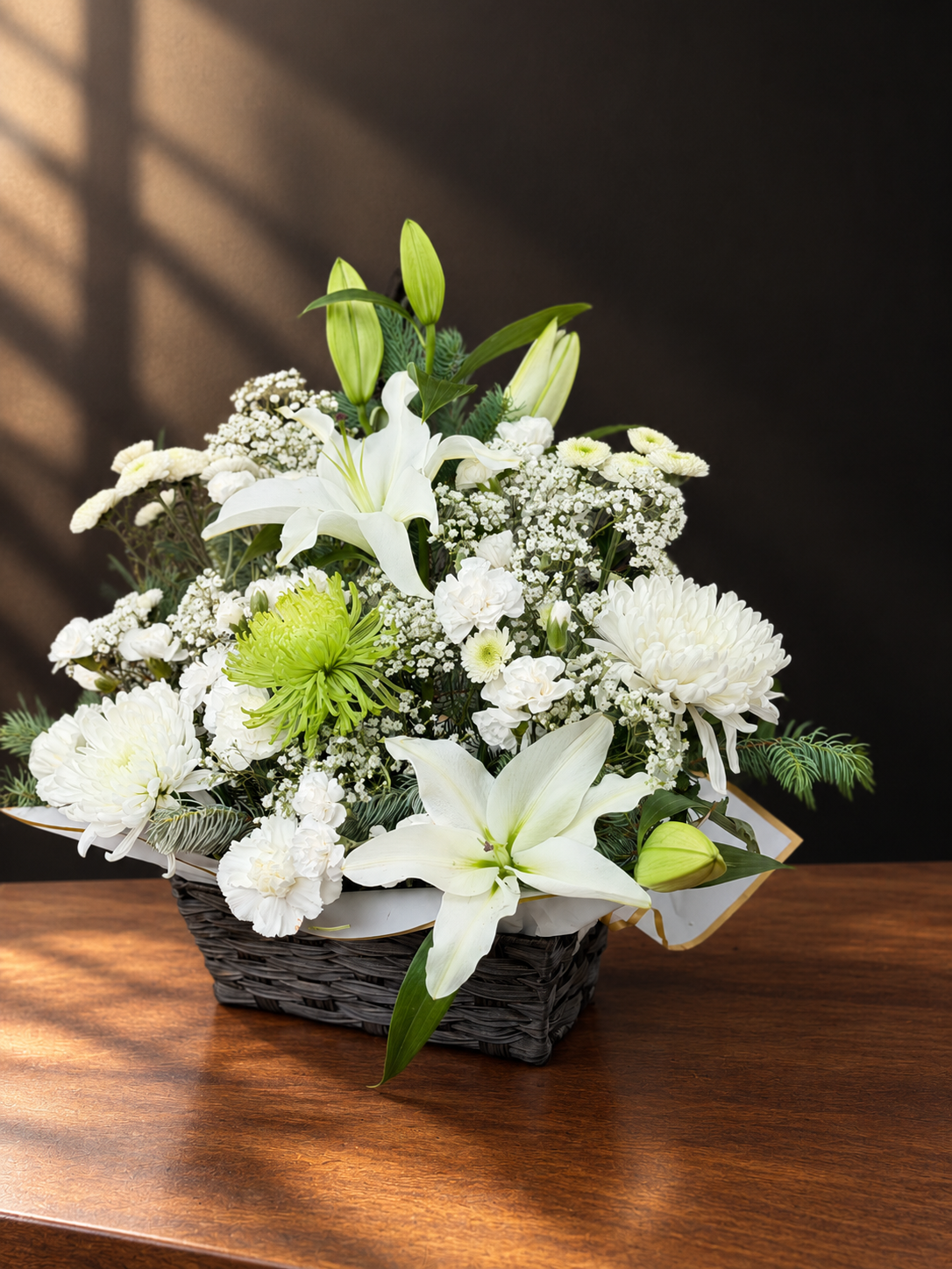 Elegant White Floral Basket Arrangement - Green Touch Flowers Calgary